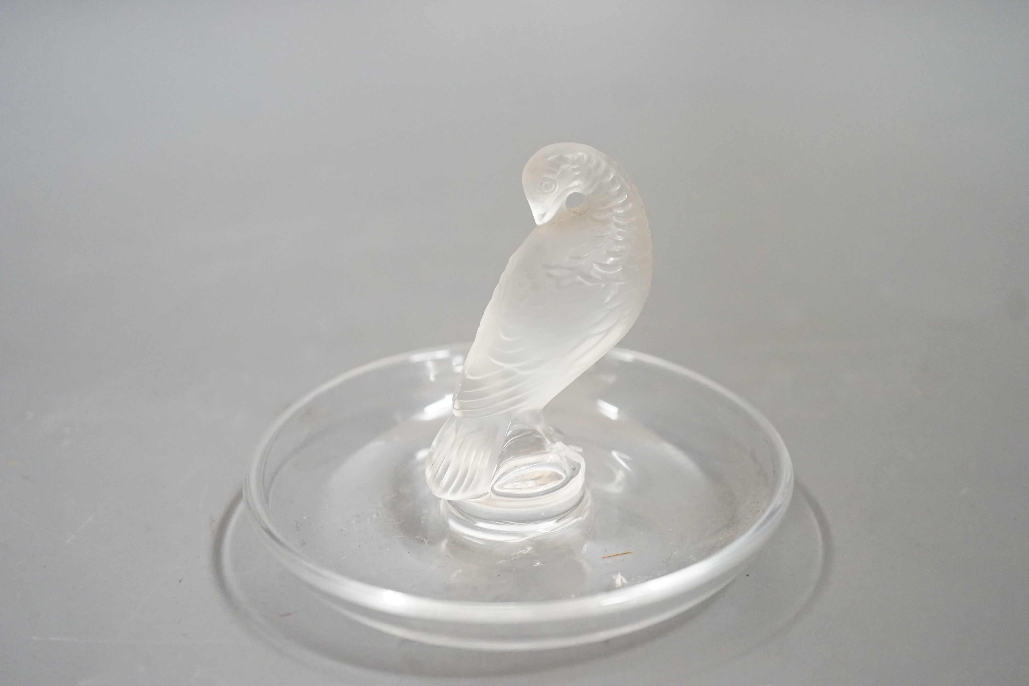 A post war Lalique glass dish with bird finial 10 cm